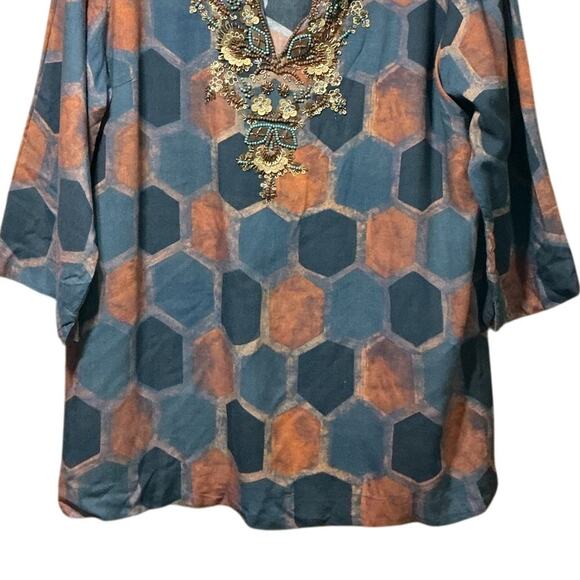 Soft Surroundings Beaded Embellished Tunic Top Blouse Blue Rust Honeycomb Print - Picture 6 of 8